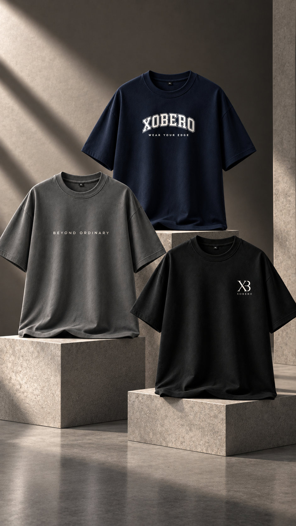 XOBERO (Pack of 3 Oversized T-Shirts) | Navy, Grey & Black