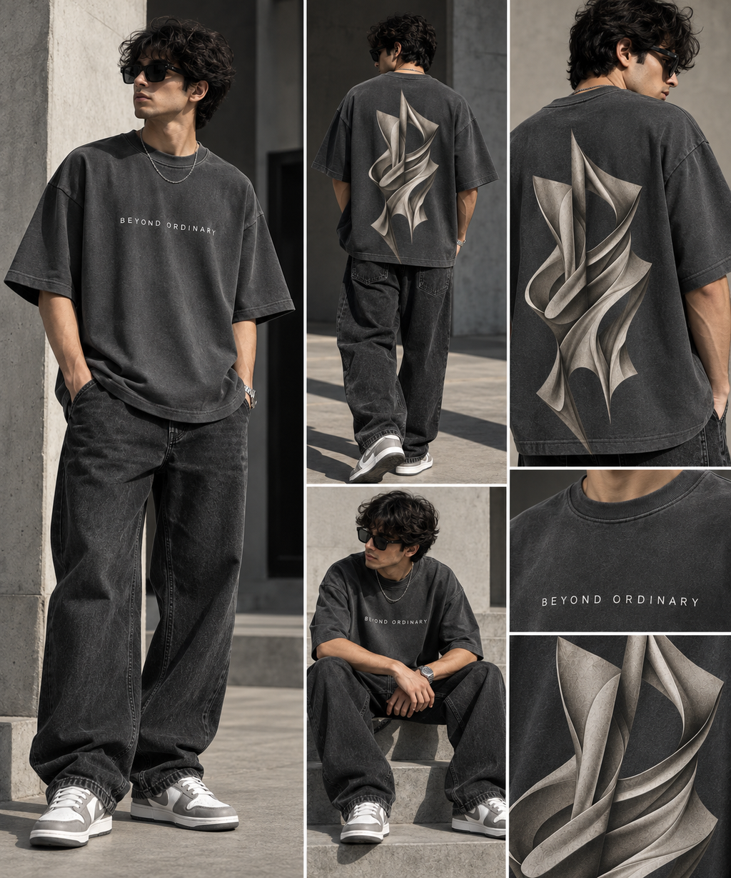 A model wearing a dark charcoal gray oversized t-shirt with 'BEYOND ORDINARY' printed on the chest and a large abstract wave graphic on the back. The image is a multi-panel collage showing the model from different angles (front, back, side, close-ups of the graphic) in an outdoor concrete setting.