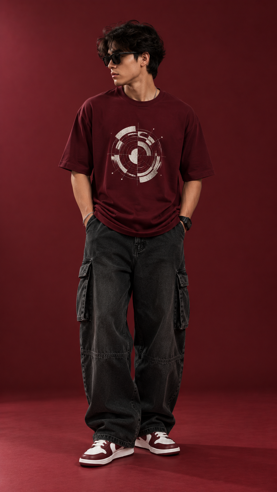 A man wearing a maroon crewneck t-shirt with a white circular graphic, paired with dark gray cargo pants and red-and-white sneakers, standing against a solid dark red studio background.