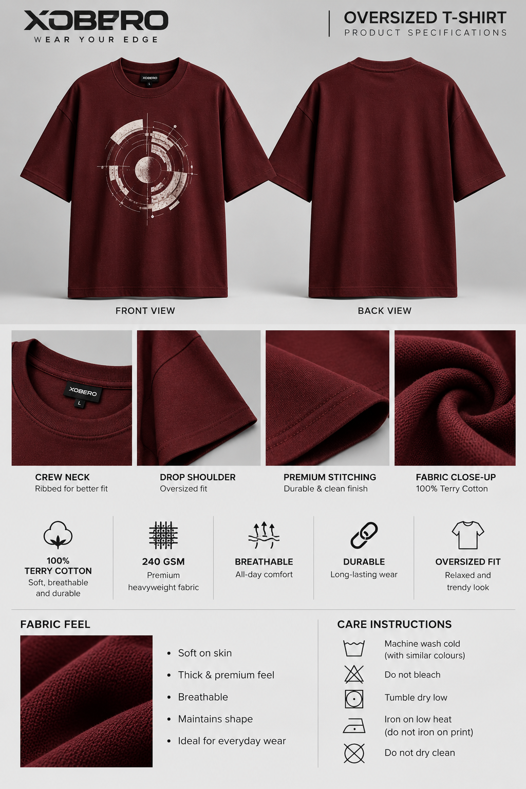 A product specification sheet for an oversized t-shirt by Xobero. The sheet features front and back views of a maroon crew-neck t-shirt with a circular graphic print on the chest.