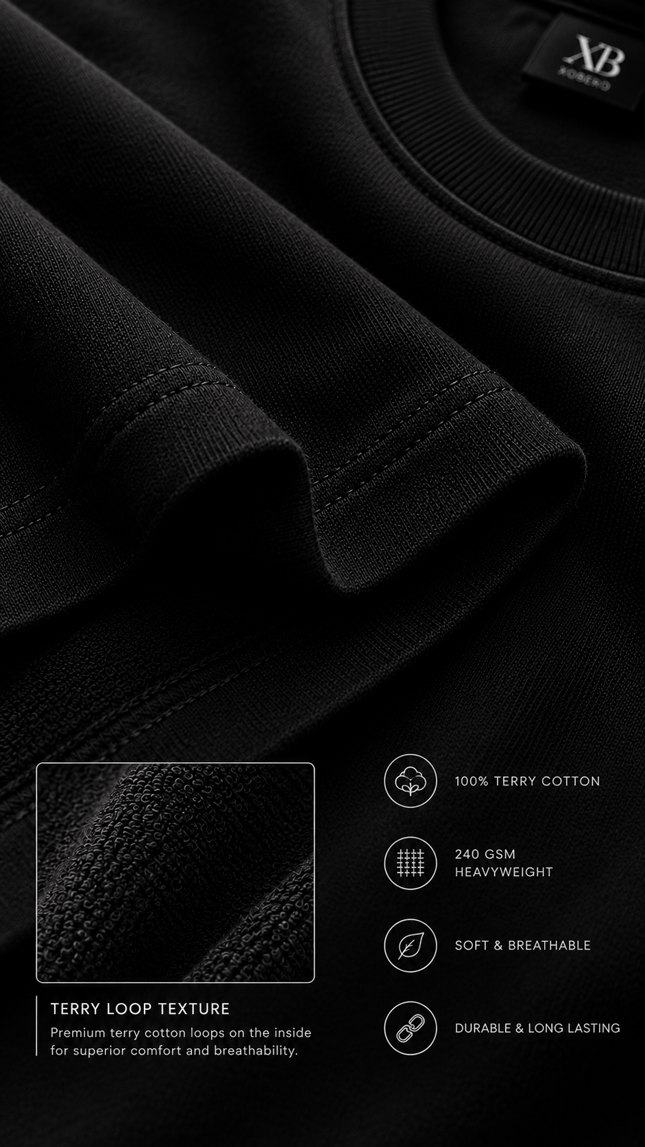Close-up of a black crewneck sweatshirt showing the ribbed collar, stitched sleeve, and interior lining. Text callouts on the lower left mention 100% terry cotton, 240 GSM heavyweight, soft breathable fabric, and durable long-lasting quality.