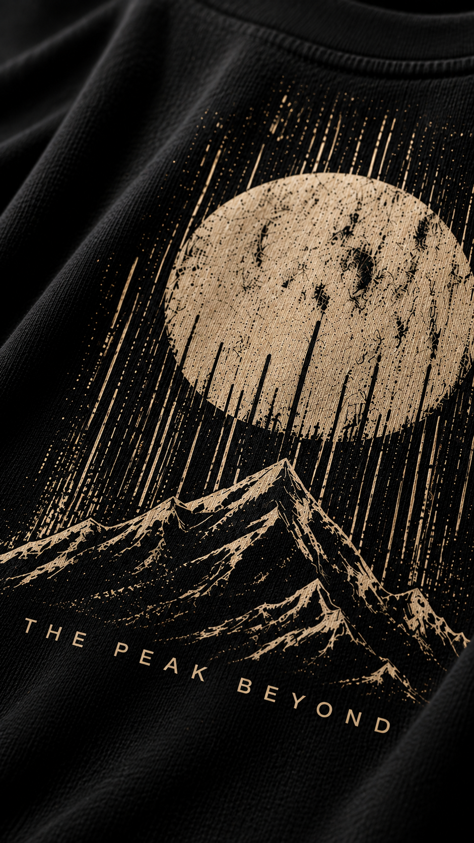 Close-up of a black graphic t-shirt featuring a distressed gold print of a mountain peak under a large moon with rain-like streaks, and the text 'THE PEAK BEYOND' along the bottom.