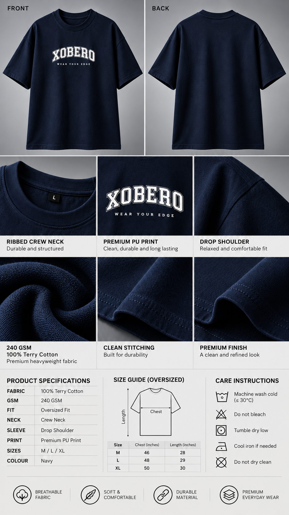 A product infographic for a navy blue t-shirt featuring front and back views, close-up fabric details, and specifications. The shirt has 'XOBERO' printed in white on the chest.