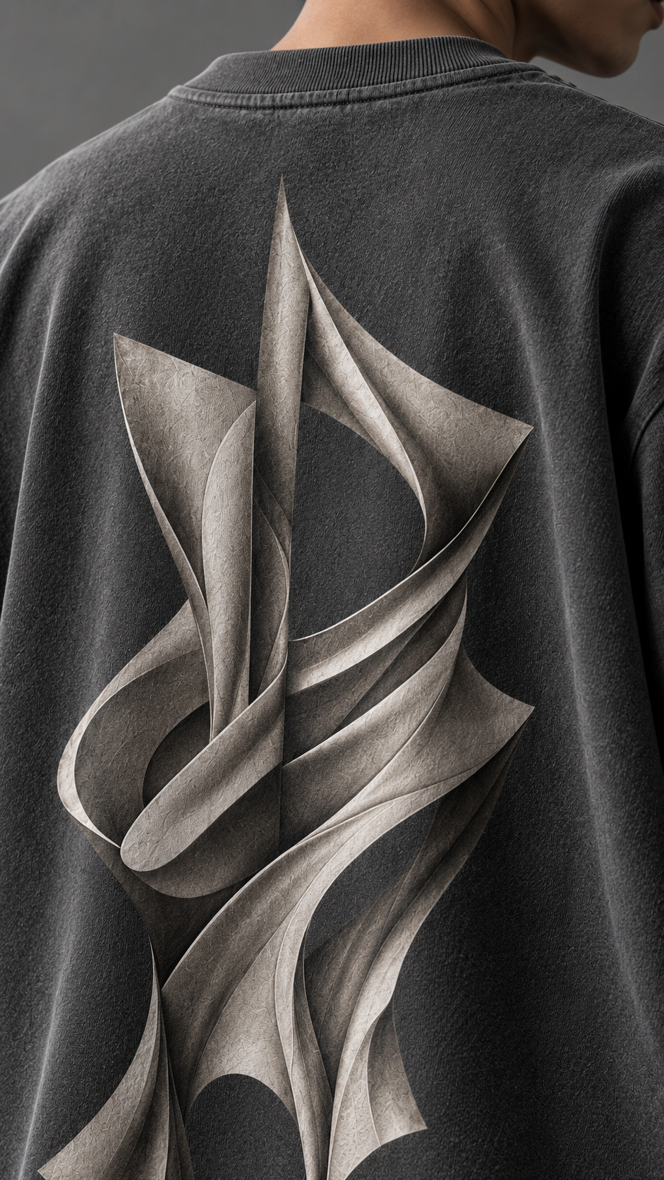 Close-up of the back of a dark charcoal gray sweatshirt featuring a large, detailed 3D abstract graphic in shades of gray and white.